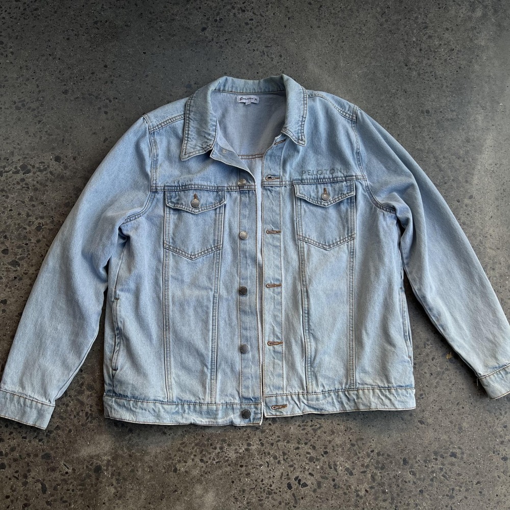 Peloton Jacket‎ Mens XL Light Wash Blue Denim Trucker Graphic Together We Go Far